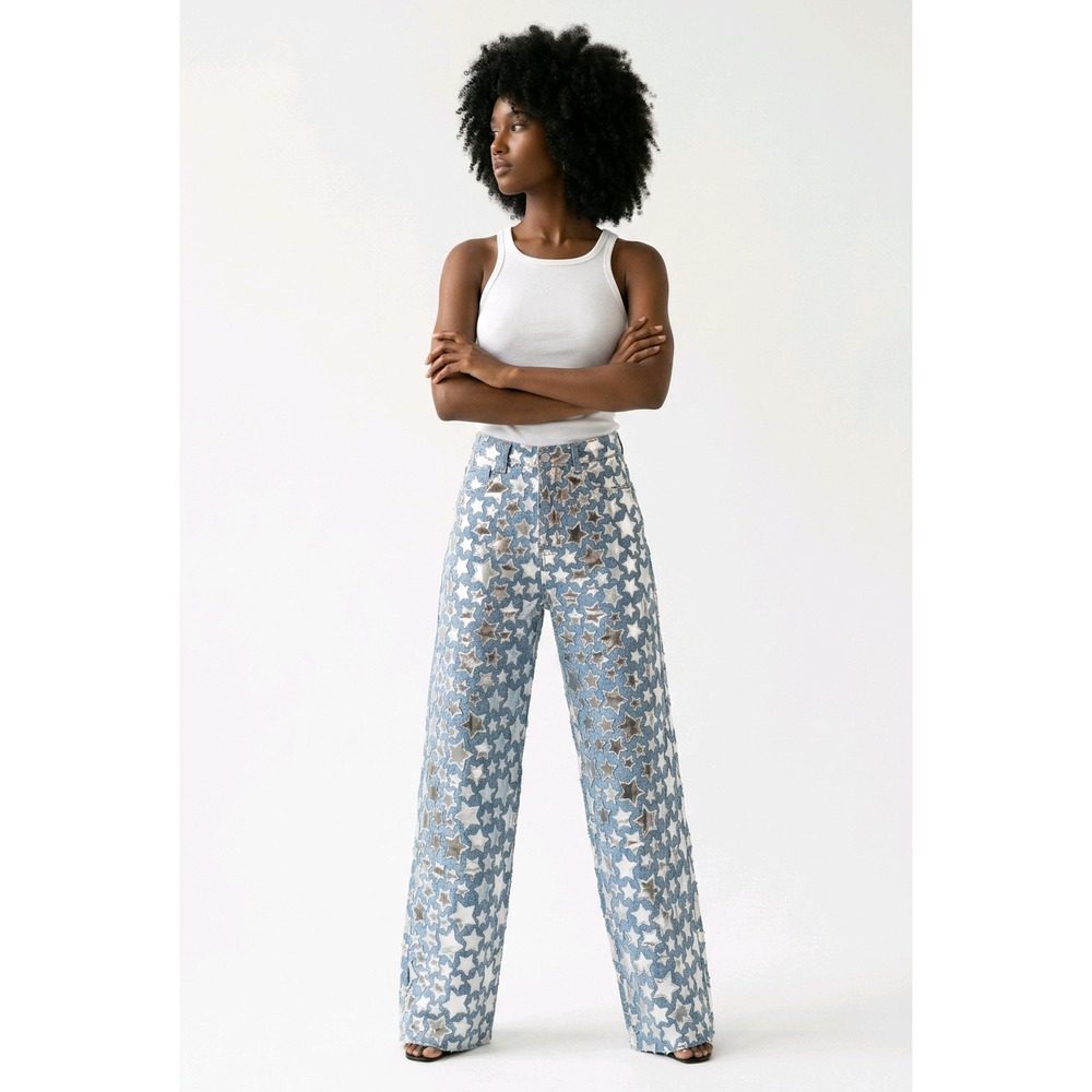 Cape Robbin Stargirl Star Print Wide Leg Jeans Denim Cotton Pants Women L NWT